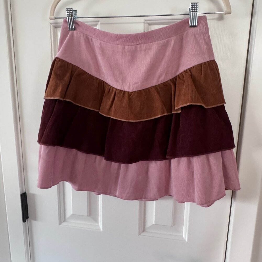 Alya Multi-Tiered Mini Skirt in Pink, Brown, and Burgundy
